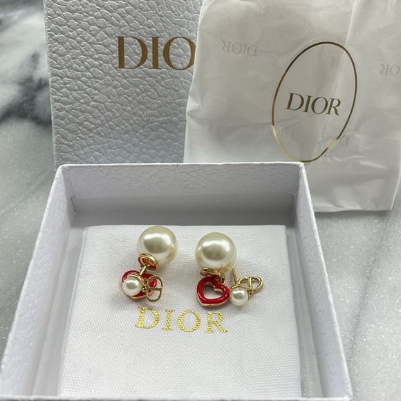 CHRISTIAN DIOR Pearl Heart Tribal Dioramour Earrings Gold Red Authentic - Picture 5 of 7